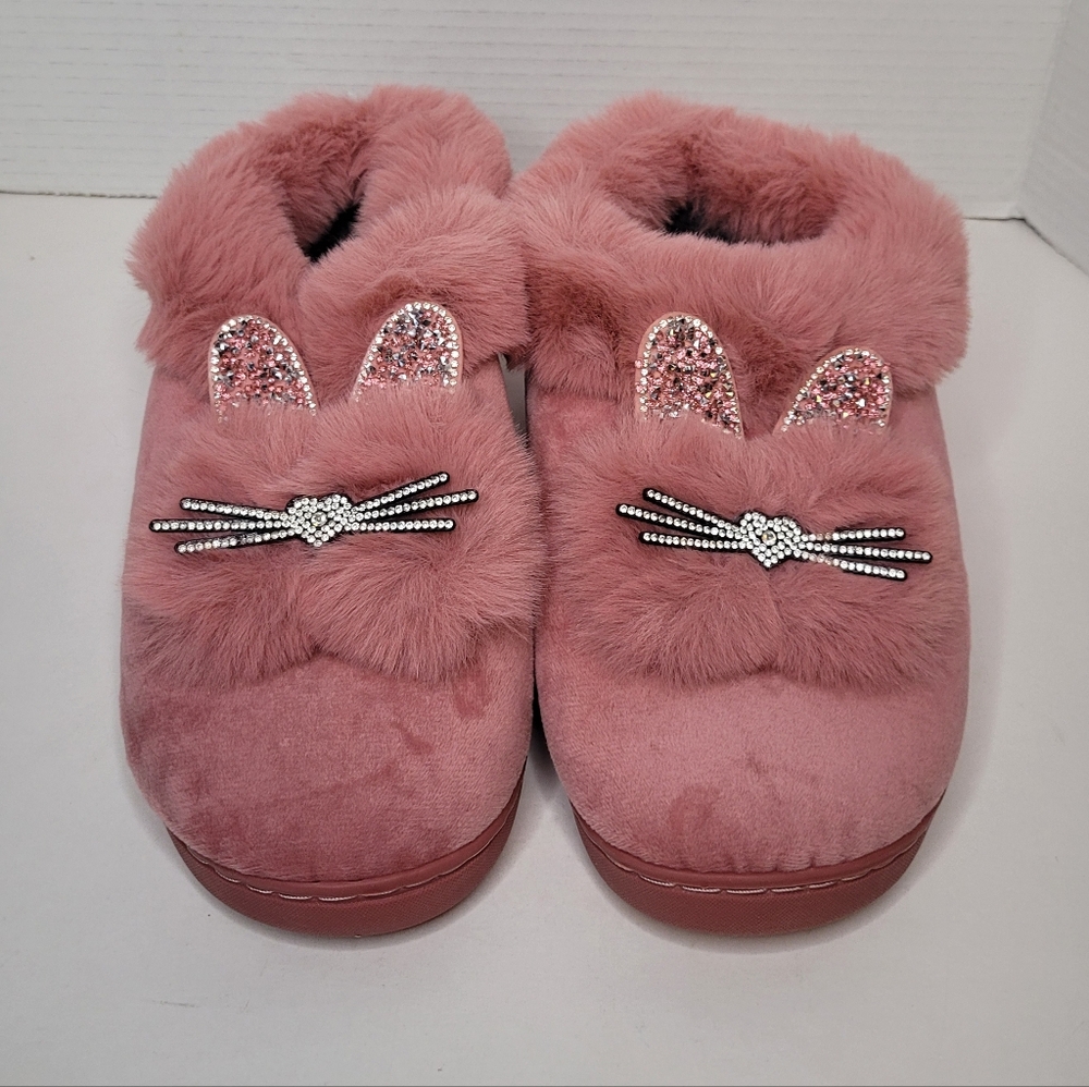 Cozy Kitty Cat Slippers Faux Fur with Sparkly Accents NWOT Size 42-43 L/XL